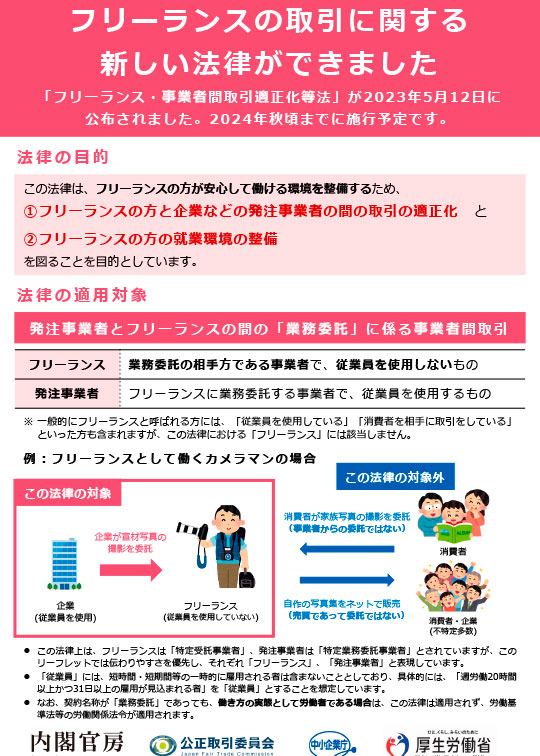 厚生労働省「フリーランスの取引に関する新しい法律ができました」
